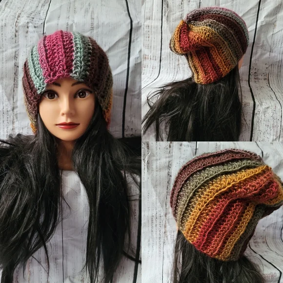 Hand Crafted Handknit Magenta & White Scandinavian Motif Beanie Hat Adult OSFM Norwegian Wool Lined Hat: Unisex Red Nordic Knit With Deer  main image 2